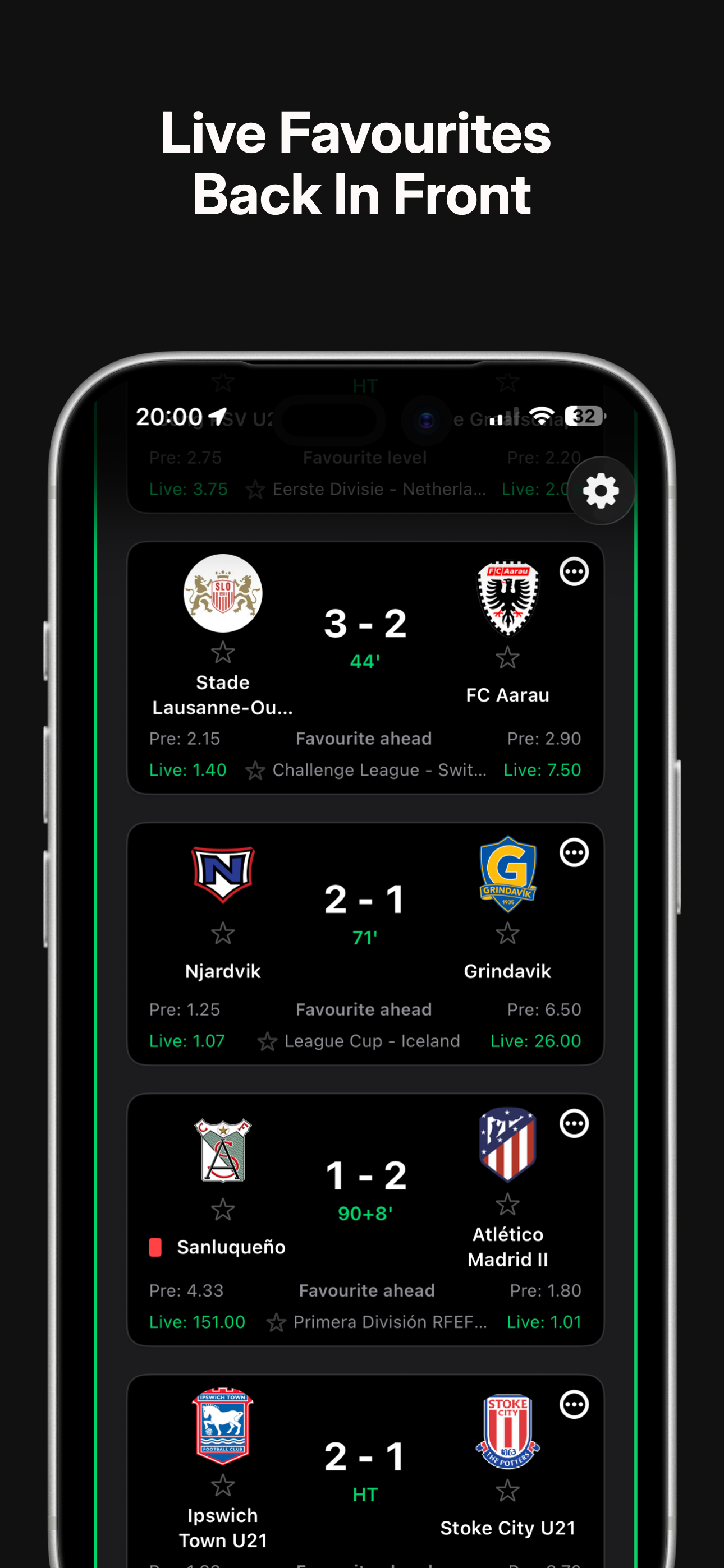 InPlayEdge app showing favourites back in front with live match updates