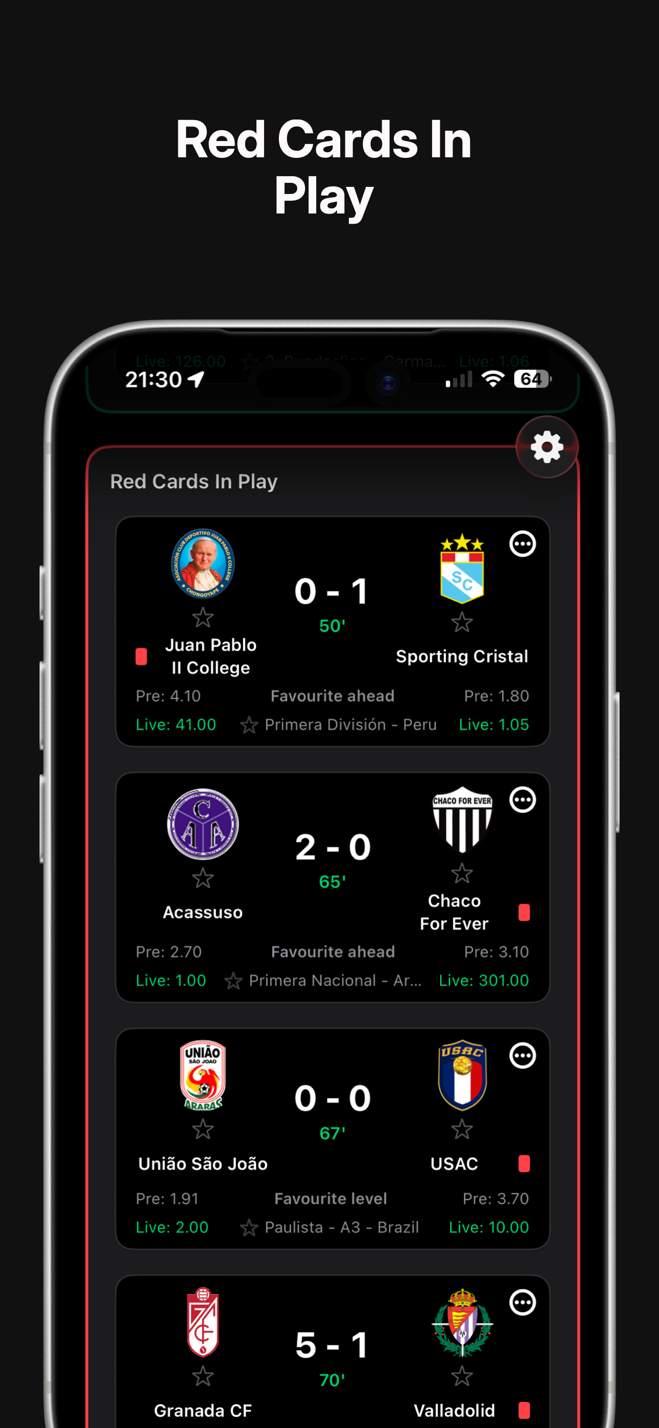 InPlayEdge app showing live red card alerts across global football leagues